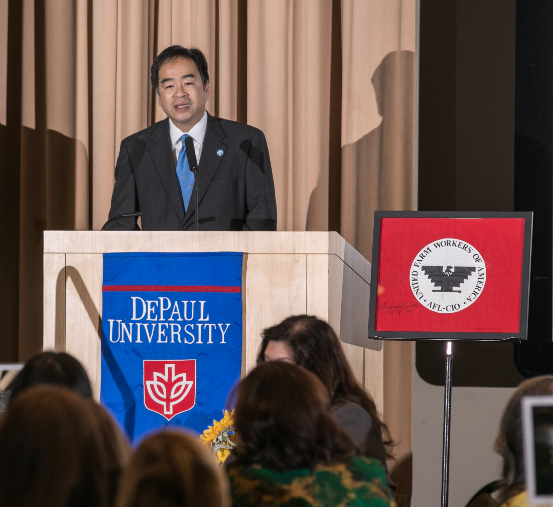 DePaul President A. Gabriel Esteban, Ph.D., welcomes guests to the 2017 Dolores Huerta Prayer Breakfast. The annual event, part of the President's Signature Series, was hosted by the Office of Institutional Diversity and Equity and honors Huerta, an activist, organizer, feminist, civil and labor rights hero and recipient of the Presidential Medal of Freedom.  (DePaul University/Jamie Moncrief)
